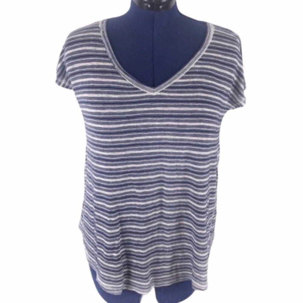 Bobeau M Blue/white stripe short‎ sleeve v neckline raw edge hem terry cloth top